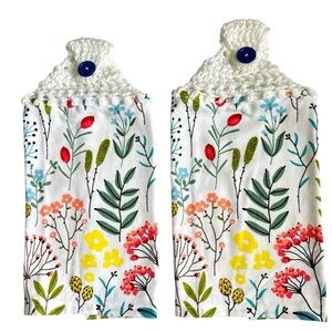 Hand Crafted Botanical Kitchen Towels with Crochet Top - Red, Yellow, Green